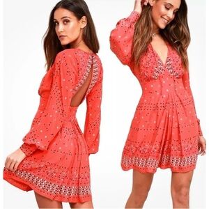 Free People Coryn Red Orange Mini Dress with Floral Details Size10